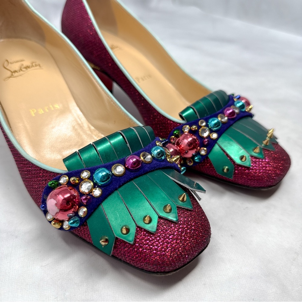 Christian Louboutin Oaxacana 45 Glitter Studded Fringe Heeled Loafer Flat Shoes - Picture 4 of 16